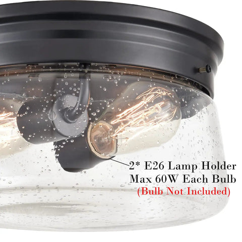 Close-up of 11 Inch Black Seeded Glass Flush Mount Ceiling Light With Drum Shade Dope Modern Farmhouse Style Two Light Fixture.
