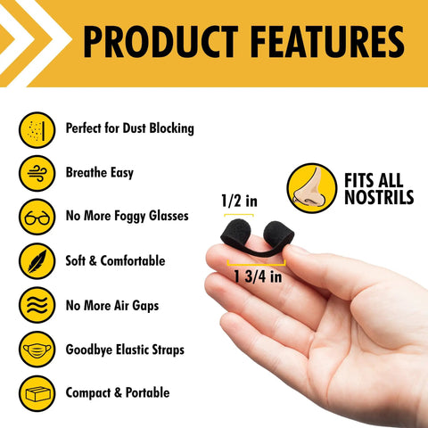 Hand holding Dust Blocker Nose Filter Mask for nose, displaying sizing at 1/2 in, 1 3/4 in, highlighting features on side.