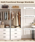 Spacious White Wardrobe Closet System With Three Deep Drawers And A Sturdy Hanging Rod To Keep Your Fits Shirts And Jeans Square While Giving Your Room A Clean Vibe And Making Daily Storage Super Easy Without Any Sweat.