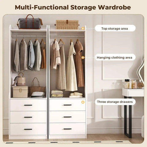 Spacious White Wardrobe Closet System With Three Deep Drawers And A Sturdy Hanging Rod To Keep Your Fits Shirts And Jeans Square While Giving Your Room A Clean Vibe And Making Daily Storage Super Easy Without Any Sweat.