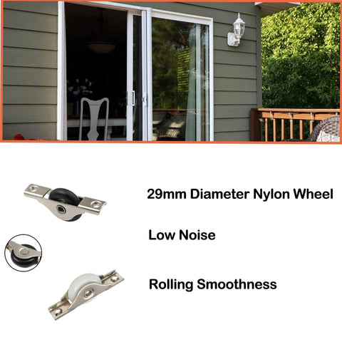 5 Pack White Screen Door Rollers With 29mm Diameter Nylon Wheel And Stainless Steel Shell Electroplating Finish For A Smooth Glide And Heavy-Duty Garage Screen Door Replacement shown in front and close-up views, installed on a sliding door.