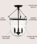 Oil Rubbed Bronze 14.5 Inch Three Light Iron And Glass Semi Flush Mount Ceiling Light With LED Bulbs Included For Entryway And Bedroom