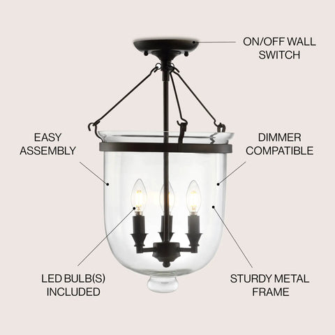 Oil Rubbed Bronze 14.5 Inch Three Light Iron And Glass Semi Flush Mount Ceiling Light With LED Bulbs Included For Entryway And Bedroom