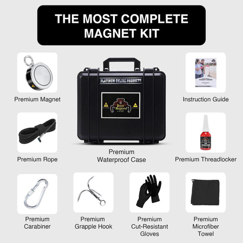 Image showing contents of Double Sided Magnet Fishing Kit With 1000LB Pull Neodymium N52 Magnets And Case, including premium accessories.