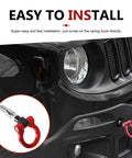 Heavy Duty Forged Car Front Bumper Tow Hook With Secure European Screw On Trailer Eye Ring And Snap Closure Lock Pin installed on black vehicle