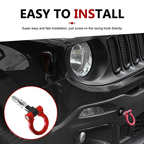 Heavy Duty Forged Car Front Bumper Tow Hook With Secure European Screw On Trailer Eye Ring And Snap Closure Lock Pin installed on black vehicle