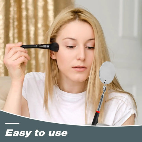Woman using makeup brush with Two Pack Telescoping Inspection Mirror Set with Flexible Circular Mirrors visible in foreground.