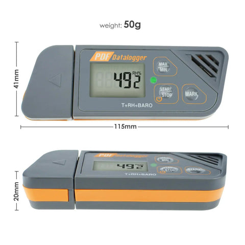 Usb Temperature Data Logger With Real Time Humidity And Barometric Pressure Monitoring Ip65 Waterproof Outdoor Tracker For Crisp Pdf Csv Reports No Hassle Plug And Play showing dimensions and display.