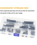 Built Different M6 Hex Socket Cap Bolts And Slotted Barrel Nuts Assortment Kit For Crib Cot Bed Furniture Hardware Screw Replacements With No Sweat Setup In Classic Black Finish in a clear storage box.