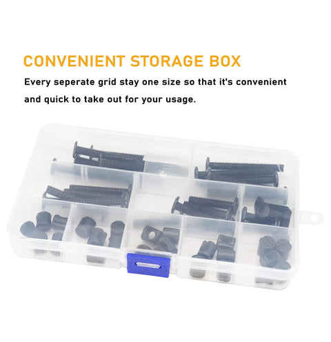 Built Different M6 Hex Socket Cap Bolts And Slotted Barrel Nuts Assortment Kit For Crib Cot Bed Furniture Hardware Screw Replacements With No Sweat Setup In Classic Black Finish in a clear storage box.