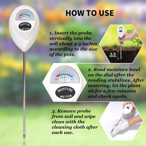 Moisture Meter For Soil And Plants With Stainless Steel Probe, Easy To Read Dial, Indoor And Outdoor Use, Ideal For Houseplants, Gardens, Farming And Lawn Care, Includes Cleaning Cloth instructions and close-up