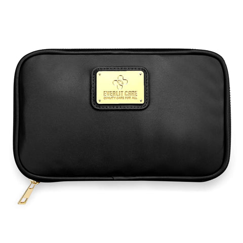 Front view of EVERLIT CARE car first aid kit pouch in black faux-leather with gold logo plate.