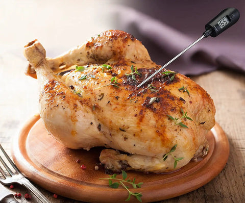 Instant Read Candy Thermometer Spatula With Built In Digital Temperature Reader measuring roast chicken temperature