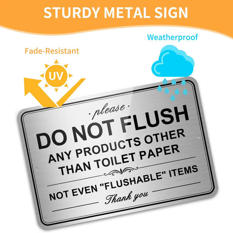 Two Pack Do Not Flush Signs For Bathroom Self Adhesive Aluminum Signs Please Do Not Flush Anything Except Toilet Paper For Home And Business Nine By Six Inches showing fade-resistant and weatherproof features.
