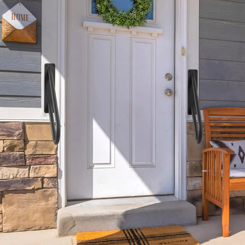 Built Tough Heavy Duty Metal Handrails U Shaped Safety Grab Bars featuring Non Slip Black Powder Coating beside porch door for easy access.