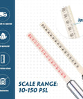Close-up of 5 Pack Dual Head Tire Pressure Gauges Pencil Style showing scale range from 10 to 150 PSI and 1 to 10 Bar, silver finish.