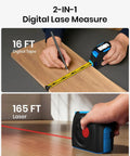 Hands using 2 In 1 Laser Distance Meter And Auto Lock Tape Measure, 131 Ft Laser Range And 16 Ft Tape, Real Time Digital Readings