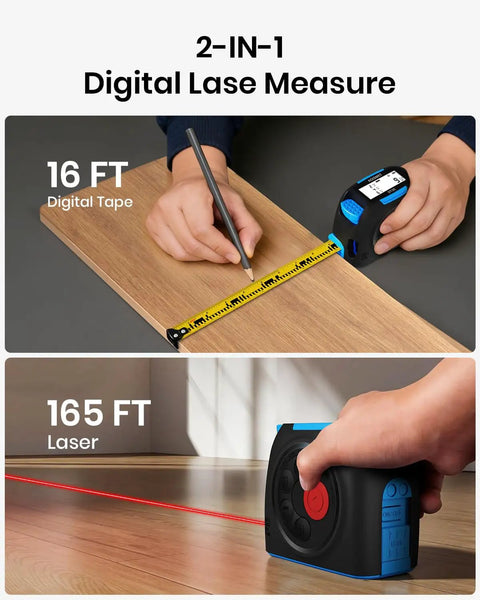 Hands using 2 In 1 Laser Distance Meter And Auto Lock Tape Measure, 131 Ft Laser Range And 16 Ft Tape, Real Time Digital Readings