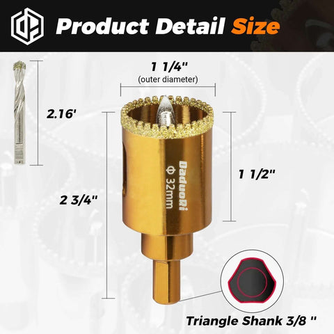 DaduoRi 1-1/4 inch serrated diamond hole saw with 2 removable pilot bits, gold finish, triangle 3/8 inch shank
