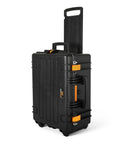 Side view of Heavy Duty Tool Carrier With Wheels For Pro Mechanics Military Grade Polypropylene Construction Four Foam Protected Trays For Standard Hand Tool Sets Mobile Toolbox Built To Keep Your Tools Ready in black with rugged wheels.