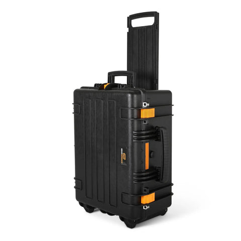 Side view of Heavy Duty Tool Carrier With Wheels For Pro Mechanics Military Grade Polypropylene Construction Four Foam Protected Trays For Standard Hand Tool Sets Mobile Toolbox Built To Keep Your Tools Ready in black with rugged wheels.