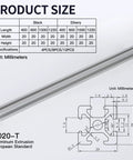 Four Pack 1220mm T Slot 2020 Aluminum Extrusion Silver For DIY Builds Heavy Duty Anodized Channel Profile With European Standard Slots And Smooth Wear-Resistant Finish. Silver 2020-T aluminum extrusion, 1220mm long, shown with profile dimensions