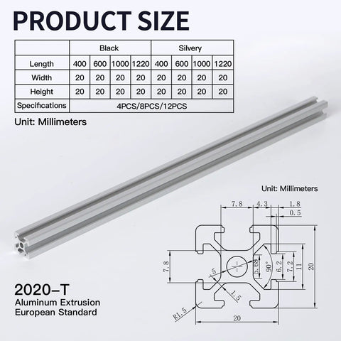Four Pack 1220mm T Slot 2020 Aluminum Extrusion Silver For DIY Builds Heavy Duty Anodized Channel Profile With European Standard Slots And Smooth Wear-Resistant Finish. Silver 2020-T aluminum extrusion, 1220mm long, shown with profile dimensions