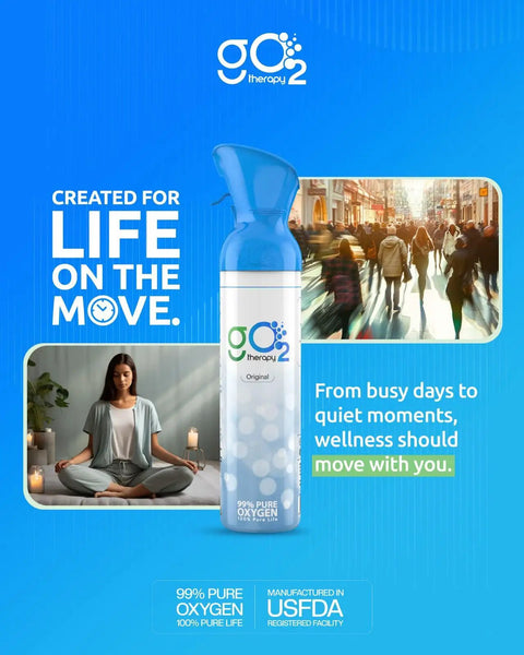 Portable Oxygen Canister Set Two Pack 12L With Four Fragrance Options And One Mouth And Nose Mask For Sports Travel Altitude And Fitness Lightweight Easy To Carry Up To Nine Hundred Inhalations, featuring a single canister with blue cap on a vibrant blue background with wellness imagery.