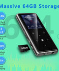 64GB Bluetooth MP3 Player With Built In HD Speaker, FM Radio, Voice Recorder, HiFi Sound, E Book Reader, Earphones Included