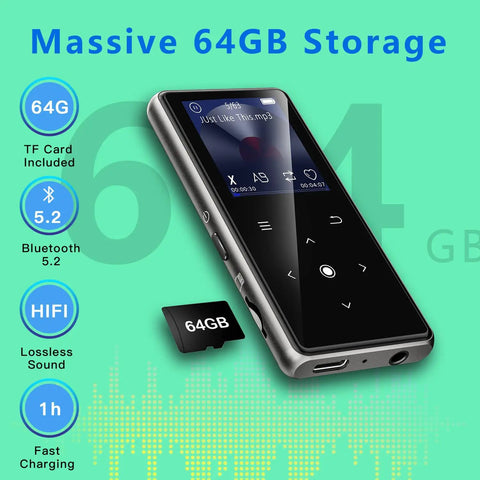 64GB Bluetooth MP3 Player With Built In HD Speaker, FM Radio, Voice Recorder, HiFi Sound, E Book Reader, Earphones Included