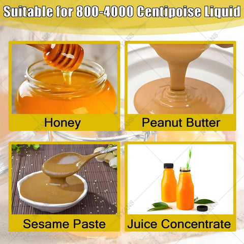 Viscous Liquid Transfer Pump For Food Grade Honey And Thick Fluids, Workhorse Gear Pump With CAM Rotor, 6 To 10 L/Min Flow, Handles 800-4000 cP, shown with honey, peanut butter, sesame paste, and juice concentrate