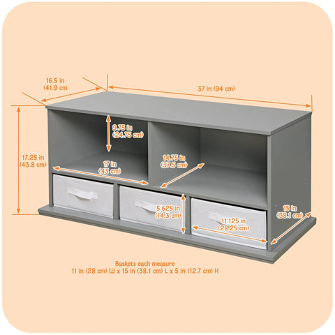 Five-Shelf Stackable Toy Storage Organizer With Three Removable Fabric Bins, Solid Panel Construction, gray, measurements shown