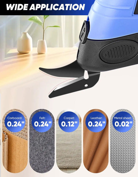 Rechargeable Cordless Electric Fabric Scissors And Cardboard Cutter With Tungsten Steel Blade, blue housing, cutting various materials.