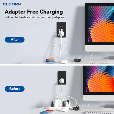 Before and after image showing 3 USB Ports Wall Outlet With USB C And USB A, 30W Total Output, 6.0A Fast Charge installed near computer.