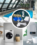 Automatic Water Leak Shut Off Valve System With Dual Valves And Sensors, Loud Alarm, shown in laundry and pool settings