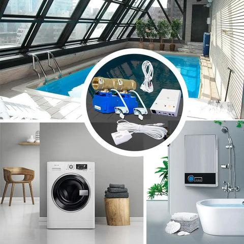 Automatic Water Leak Shut Off Valve System With Dual Valves And Sensors, Loud Alarm, shown in laundry and pool settings