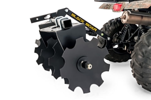 ATV UTV Disc Harrow Implement for Tough Ground with eight rotating discs attached to an ATV for soil breaking and field prep.