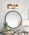 Two-Light Farmhouse Vanity Lights For Bathroom, 15.8 Inch Gray Textured Metal Backplate, Bubble Glass Shades Over Mirror.