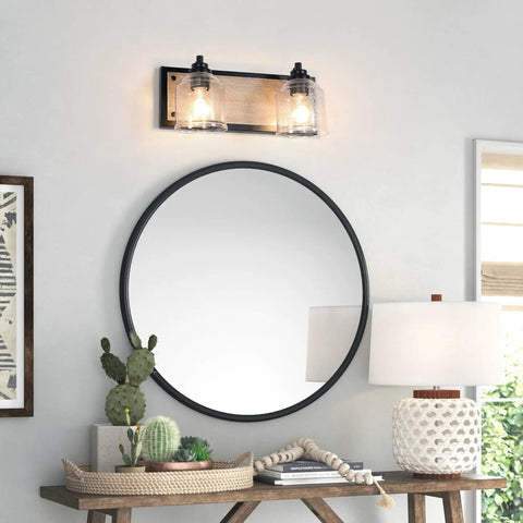 Two-Light Farmhouse Vanity Lights For Bathroom, 15.8 Inch Gray Textured Metal Backplate, Bubble Glass Shades Over Mirror.