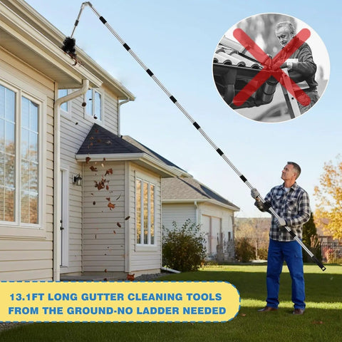Gutter Cleaner Pole From The Ground With 13 Point 1 Ft Reach 180 Degree Pivot Head Replaceable Brush 10 Section Extension No Ladder Needed Easy Debris Removal For Hard To Reach Gutters