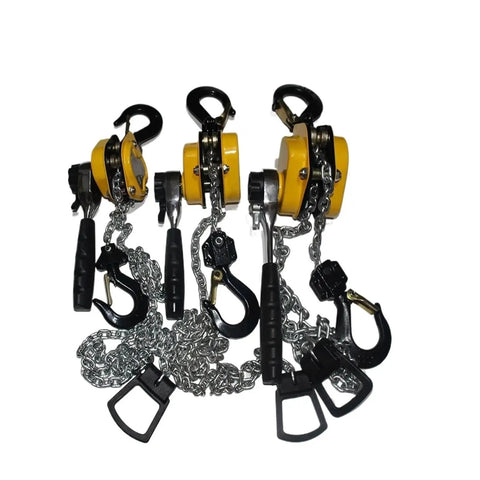 Heavy Duty 0.25 Ton Hand Chain Hoist Hook Mount With 3 Meter Portable Manual Lever Block For Lifting Heavy Loads No Sweat Required, showcasing three hoist units with chains and hooks.