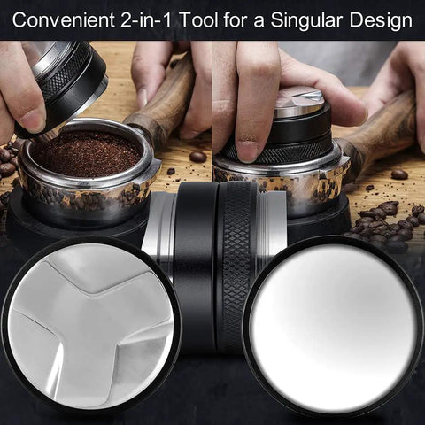 51mm Espresso Tamper And Distributor Dual Head Coffee Leveler For Delonghi 51mm Portafilter shown with coffee beans