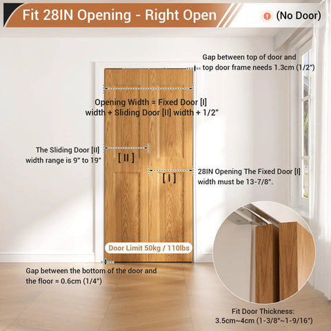 Fit 28IN Opening - Right Open diagram showing dimensions for Top Notch Concealed Bifold Barn Door Hardware Kit With Slick Stainless Steel Track.