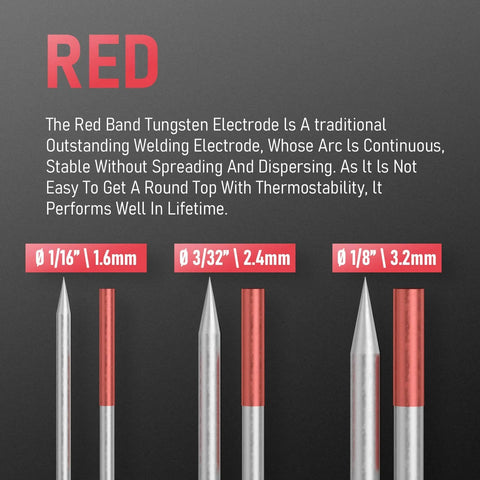 Red tungsten electrodes in various sizes for TIG welding with descriptions on continuous and stable arc performance.
