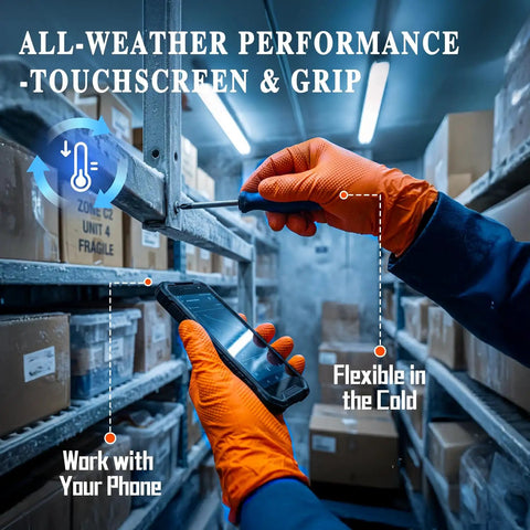 Person wearing Heavy Duty 10 Mil Nitrile Gloves With Diamond Grip Latex Free Chemical Resistant Orange Disposable Mechanic Gloves
