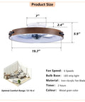 Neojoyoenix Light Fixture, 20" Ceiling Fans with Lights Kit (Led) showing dimensions, wood grain color, and material details.