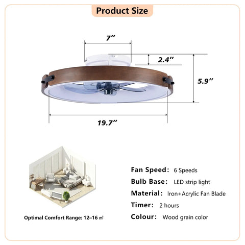 Neojoyoenix Light Fixture, 20" Ceiling Fans with Lights Kit (Led) showing dimensions, wood grain color, and material details.