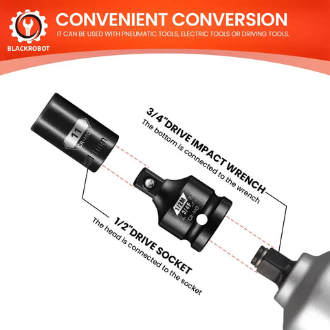 2 Piece Impact Socket Adapter Set Three Quarter Inch Female To One Half Inch Male For Impact Driver Wrench SAE Drive Cr-Mo Steel