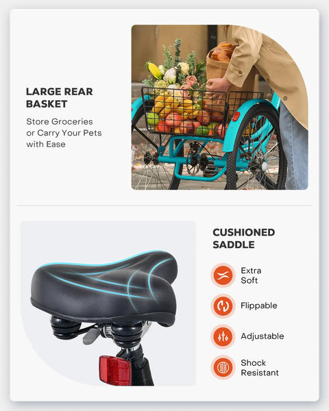 All Day Electric Tricycle For Adults 350W 7 Speed Trike With 468Wh Removable Battery 24 Inch Three Wheel E Trike For Seniors Men Women Heavy Duty 330 Lb Capacity Motorized Pedal Assist Bike rear basket and cushioned saddle