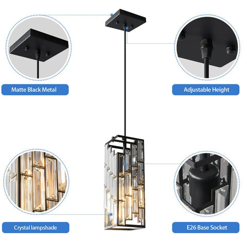 Diagram showing the Sleek Black Pendant Lighting Set, Modern Mini Crystal Chandeliers with adjustable height and crystal lampshade.